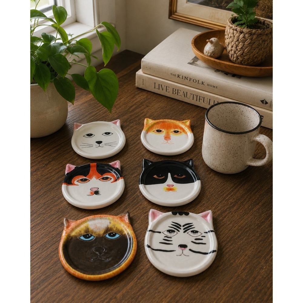 Vtg Bandwagon Ceramic Cat Face Coaster Set 6pc Multicolor Hand Painted